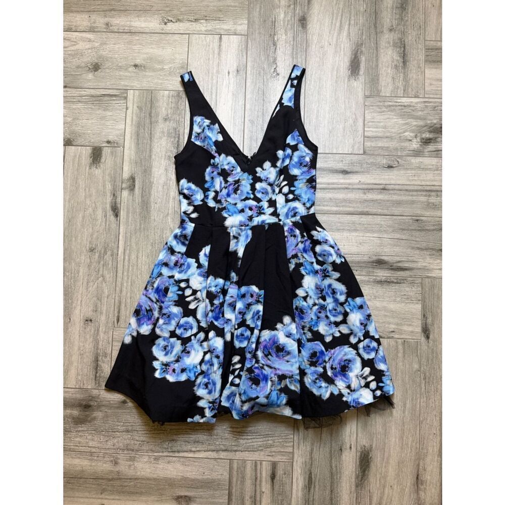 bebe Black Dress with Blue Floral Print Size Small